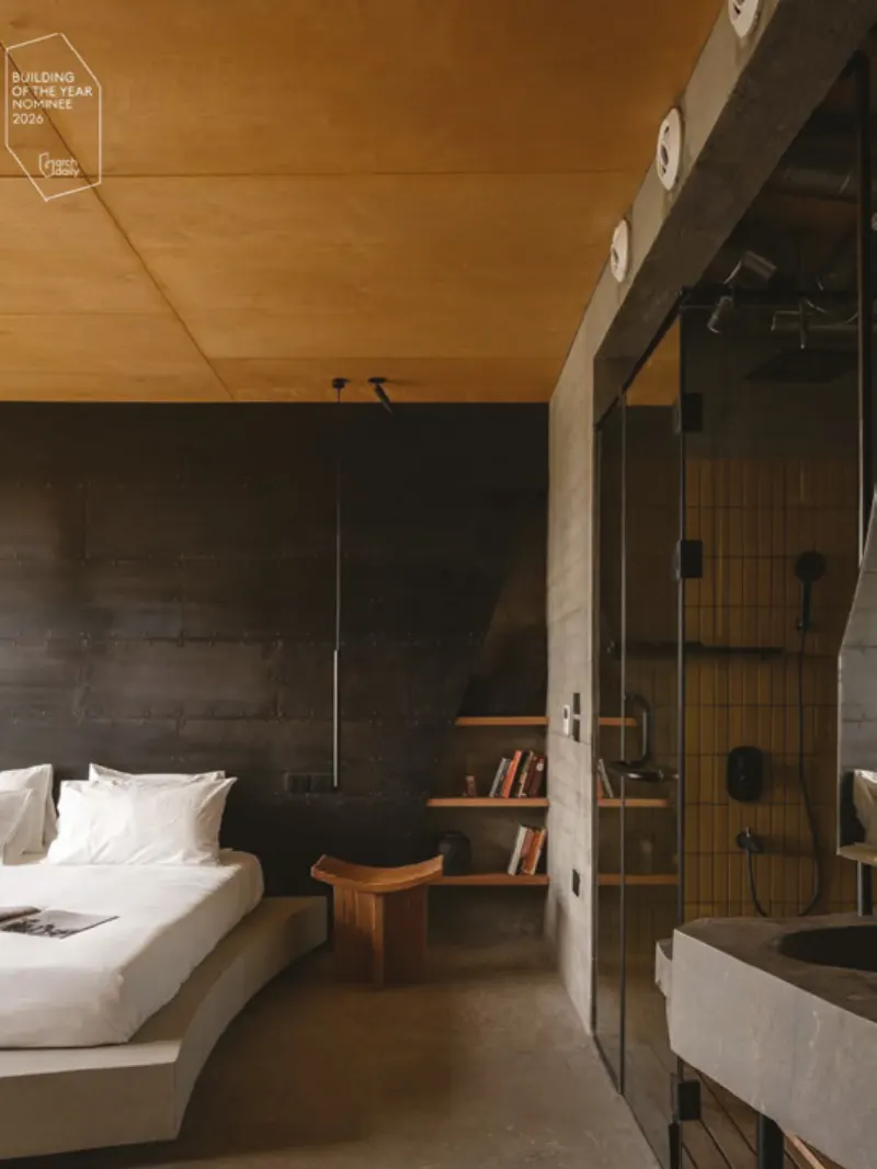 Bedroom with sculpted built-in elements