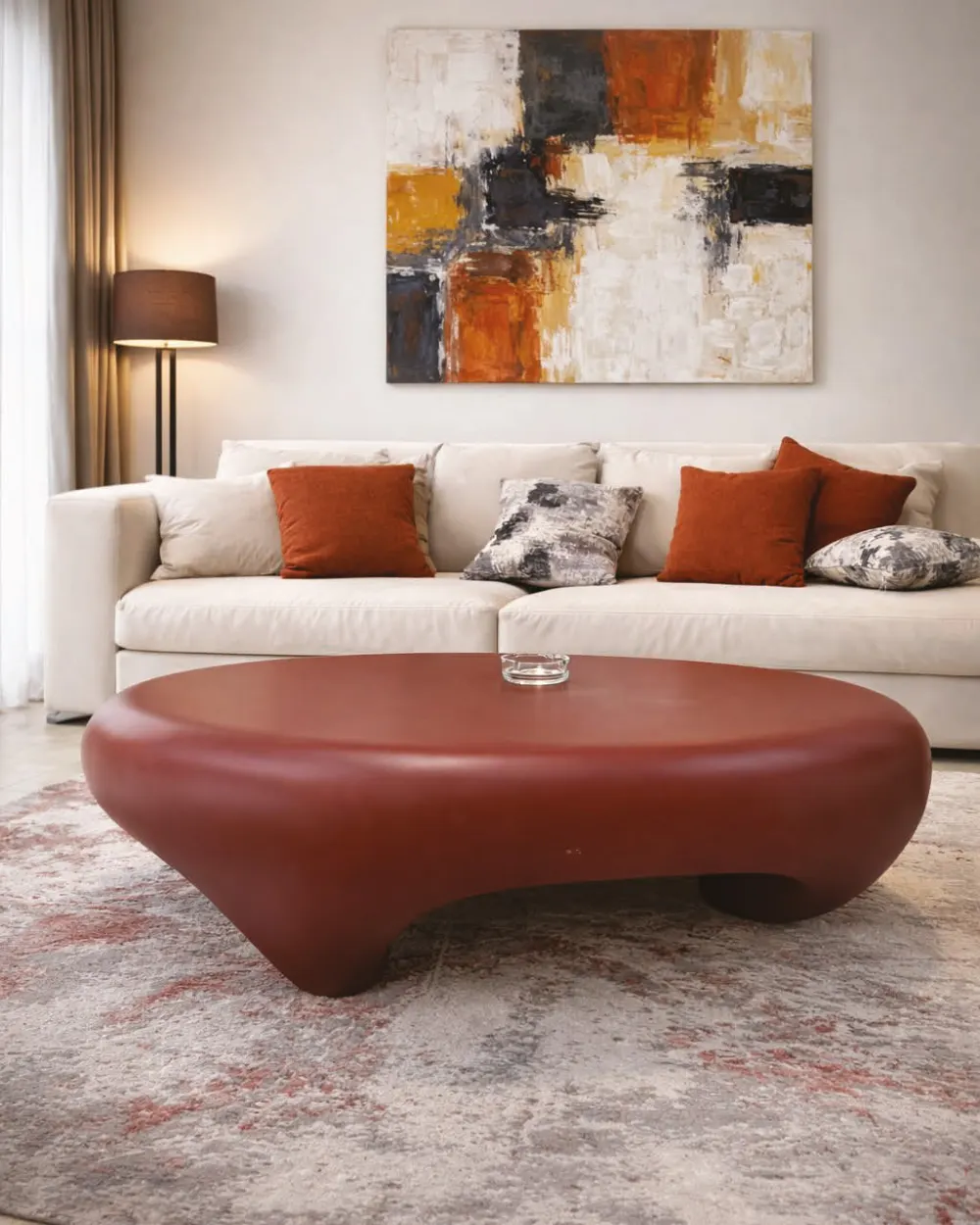 Organic terracotta coffee table in a living room